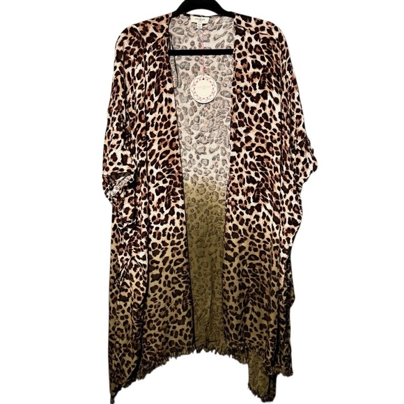 UMGEE Oversized Ombre Animal Leopard Print Frayed Hem Open Front Kimono Cardigan - Picture 1 of 10